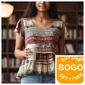 Late For Dinner Blouse Bohemian Hippie Floral Ruffle Swing Hi Lo
Size Med